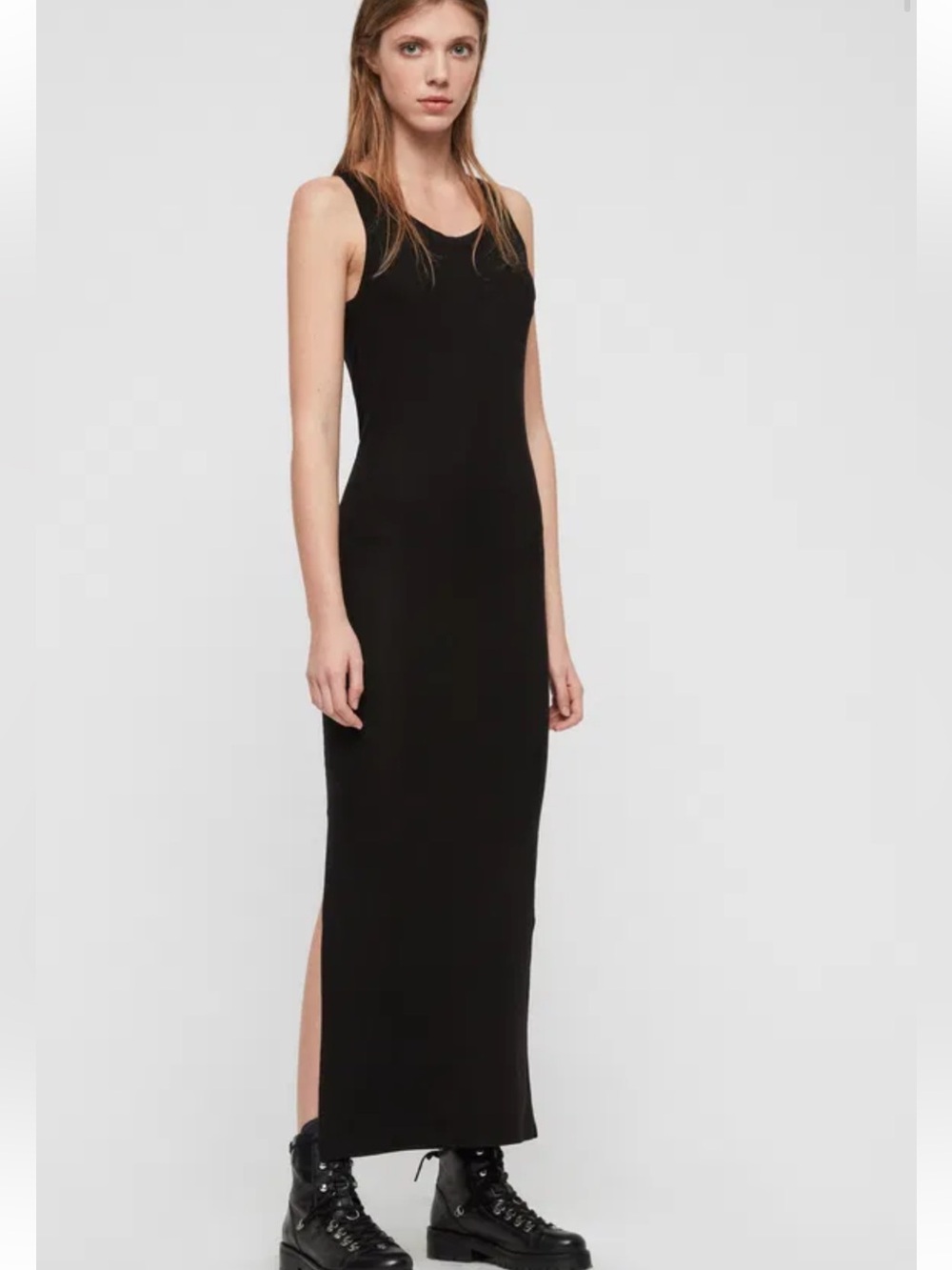 AllSaints Black Ribbed Tank Maxi Dress XS Side Slit Minimalist Stretch - Picture 2 of 4